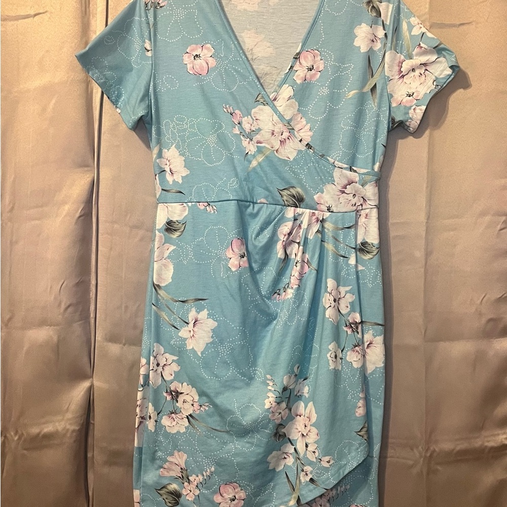 Light Blue Deep V neck Split Wrap Dress Women's size L by Manydress
